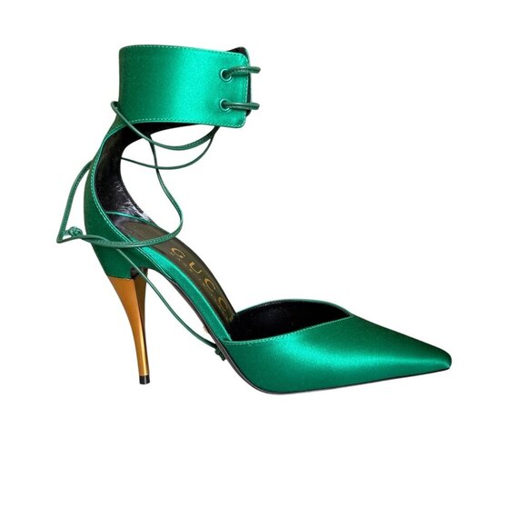 GUCCI 752966 Priscilla Emerald Green Satin Strap Gold Stiletto Heel 36+, US 6.5 - Picture 1 of 16